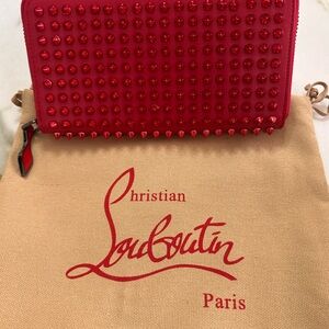 NWOT 💄Louboutin Red Long STUDDED CALFSKIN Wallet + Dustbag